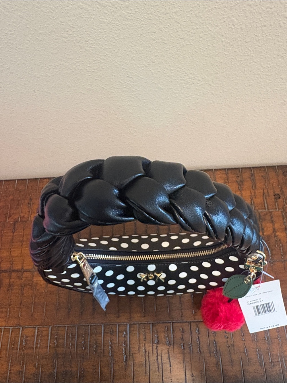 Betsey Johnson Black & White Polka Dot Crescent Shoulder Bag with Cherry Charm - Picture 6 of 16